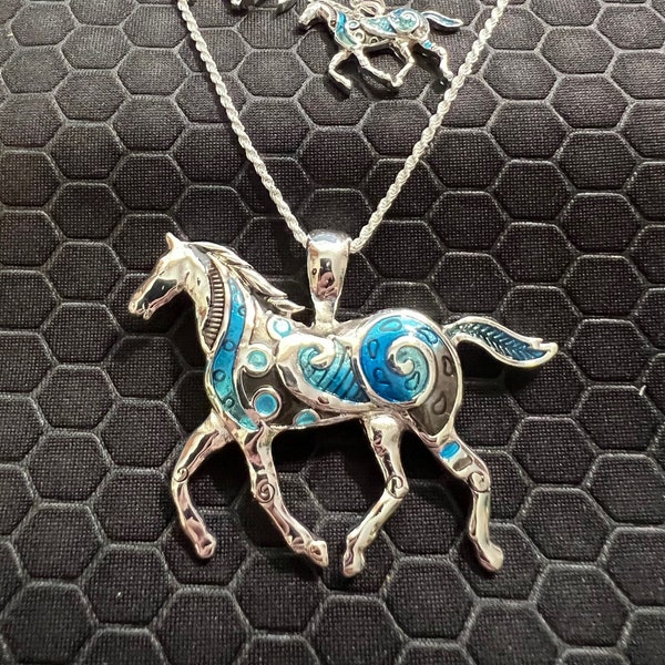 Horse Necklace and Earring Set Turquoise and Silver Made of Sterling Silver