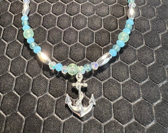 Anchor Anklet with Aqua, Blue, and Silver Glass Beads Made of Sterling Silver