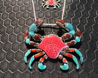 Crab Necklace and Earring Set Red and Aqua Made of Sterling Silver