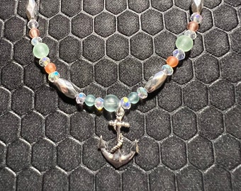 Anchor Anklet with Aqua, Orange, and Silver Glass Beads Made of Sterling Silver