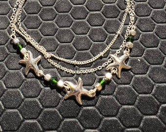 Star Fish Anklet with Silver Beads and Green Crystals Made of Sterling Silver