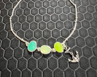 Anchor Anklet with Green, White, and Aqua Sea Glass Made of Sterling Silver