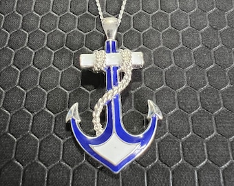 Anchor Necklace and Earring Set Navy, White, and Silver Made of Sterling Silver