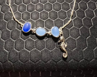 Sea Horse Anklet with Blue Sea Glass Made of Sterling Silver