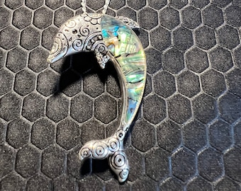 Dolphin Necklace with Green Abalone Stones Made of Sterling Silver