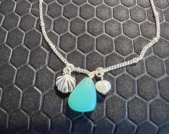 Seashell Anklet with Aqua Sea Glass and Pearl Made of Sterling Silver