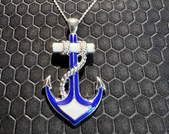 Anchor Necklace and Bracelet Set Blue and Silver Made of Sterling Silver