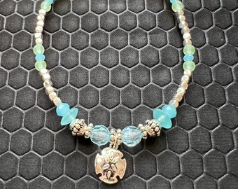 Sand Dollar Anklet with Aqua, Green, and Silver Glass Beads Made of Sterling Silver