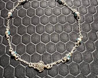 Turtle Anklet With Light Blue Sea Glass Made Of Sterling Silver