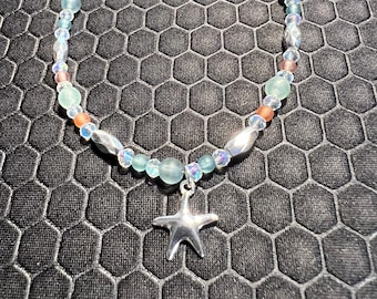 Star Fish Anklet with Multicolored Glass Beads Made of Sterling Silver