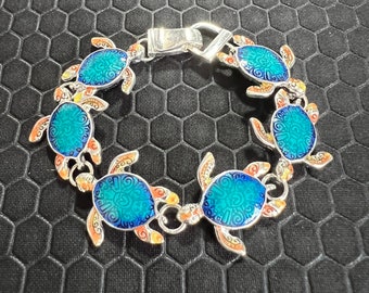 Pulsera Tortuga Azul y Marrón Fabricada en Plata de Ley