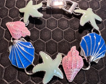 Seashells, and Star Fish Bracelet Multicolored Made of Sterling Silver