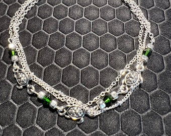 Turtle Anklet with Green and Silver Glass Beads Made of Sterling Silver