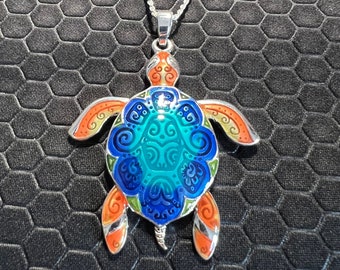 Turtle Necklace Orange and Blue Made of Sterling Silver