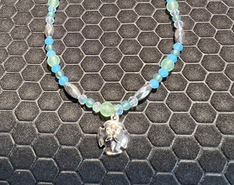 Sand Dollar Anklet with Aqua, Green and Clear Glass Beads Made of Sterling Silver