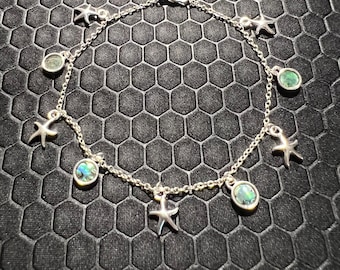 Star Fish and Circle Anklet with Green Abalone Stones Made of Sterling Silver