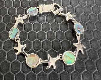 Star Fish Bracelet with Green Abalone Stones Made of Sterling Silver