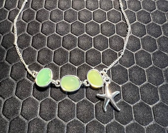 Star Fish Anklet with Green Sea Glass Made of Sterling Silver