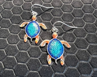 Turtle Earrings Aqua, Blue, and Orange Made of Sterling Silver