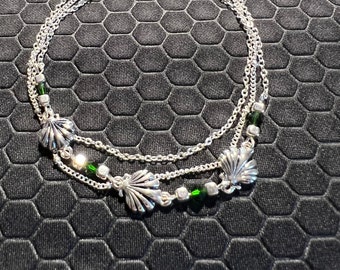 Seashell Anklet with Silver and Green Glass Beads Made of Sterling Silver