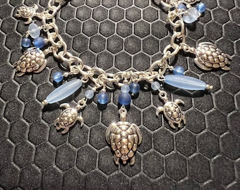 Turtle Charm Bracelet with Blue Sea Glass Made of Sterling Silver