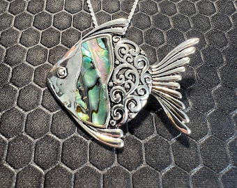 Fish Necklace with Green Abalone Stones Made of Sterling Silver