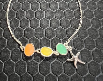 Star Fish Anklet with Multicolored Sea Glass Made of Sterling Silver