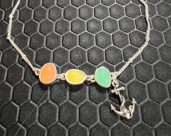 Anchor Anklet with Multicolored Sea Glass Made of Sterling Silver