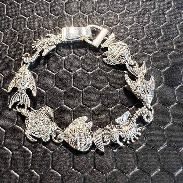Beach Bracelet Turtles, Fish, and Sea Horse Made of Sterling Silver