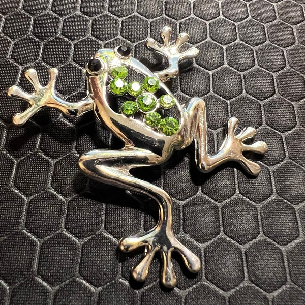 Frog Brooch with Green Crystals