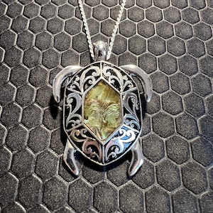 Turtle Necklace Cathedral with Green Abalone Stone Made of Sterling Silver