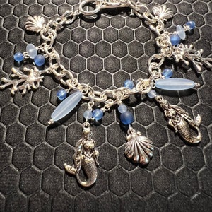 Mermaid and Blue Sea Glass Charm Bracelet Made of Sterling Silver