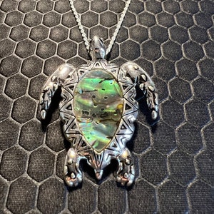 Turtle Necklace with Green Abalone Stone Filigree Setting Made of Sterling Silver