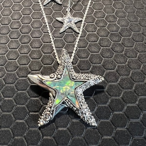 Star Fish Necklace and Earring Set Celestial with Green Abalone Stones Made of Sterling Silver