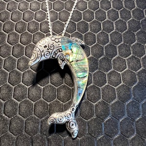 Dolphin Necklace with Green Abalone Stones Made of Sterling Silver