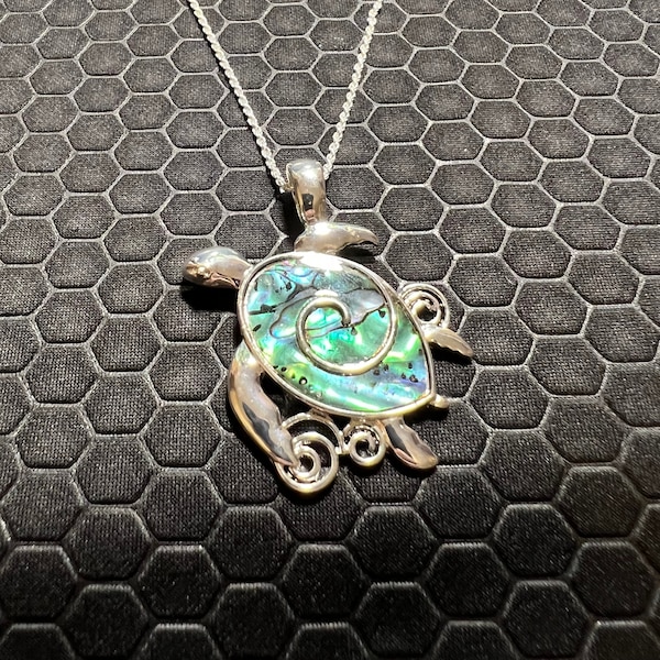 Turtle Necklace with Green Abalone Stones Made of Sterling Silver