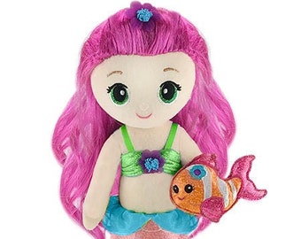 Mermaid Mary Stuffed Doll 18" long and 9" sitting, Mary Mermaid Holds Her Clownfish Pal.