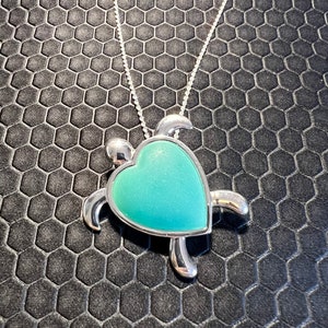 Turtle Heart Necklace with Aqua Sea Glass Made with Sterling Silver