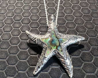 Star Fish Necklace with Green Abalone Stones Made of Sterling Silver