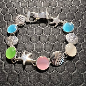 Star Fish, Sand Dollar, And Seashell Bracelet with Multicolored Sea Glass Made of Sterling Silver