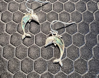 Dolphin Earrings of Green Abalone Stones Made of Sterling Silver