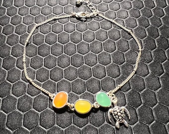 Turtle Anklet with Yellow, Aqua, and Orange Sea Glass Made of Sterling Silver