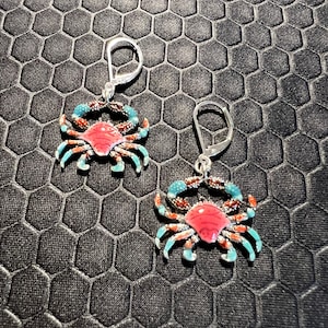 Crab Earrings Aqua and Red Made of Sterling Silver