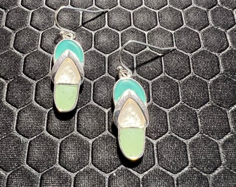 Flip Flop Earrings, Aqua, Lime Green, White and Silver Made of Sterling Silver