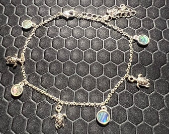 Turtle Anklet with Green Abalone Stones Made of Sterling Silver