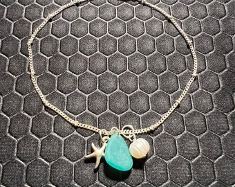 Star Fish Anklet with Pearl and Aqua Sea Glass Made of Sterling Silver