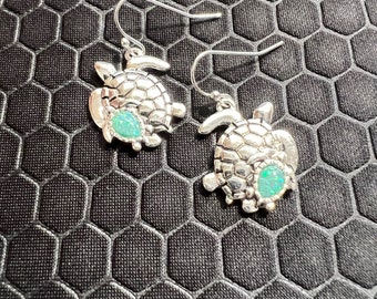 Turtle and Baby Earrings with Aqua Sea Glass Made of Sterling Silver