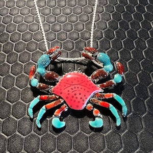 Crab Necklace Red and Aqua Made of Sterling Silver