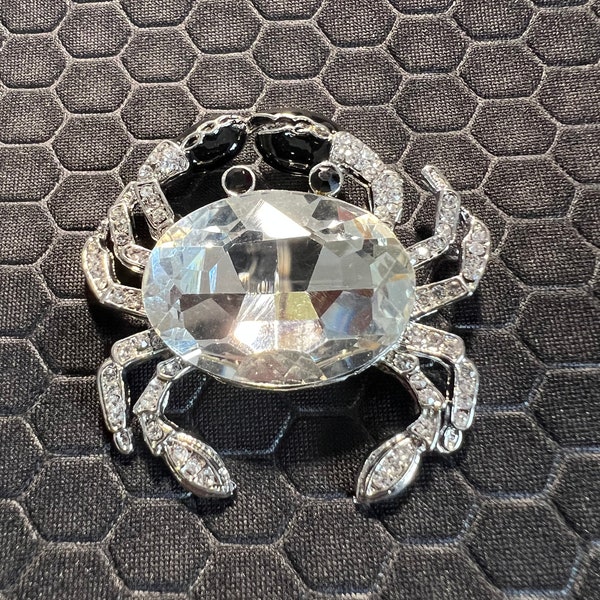 Crab Brooch Made with Clear Crystals Made of Sterling Silver