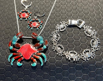 Crab Necklace, Crab Bracelet, and Crab Earring Set Red and Aqua Made of Sterling Silver